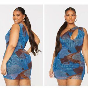 Pretty Little Thing SZ24 Blue Contour Print Mesh One Shoulder Bodycon Dress NWT